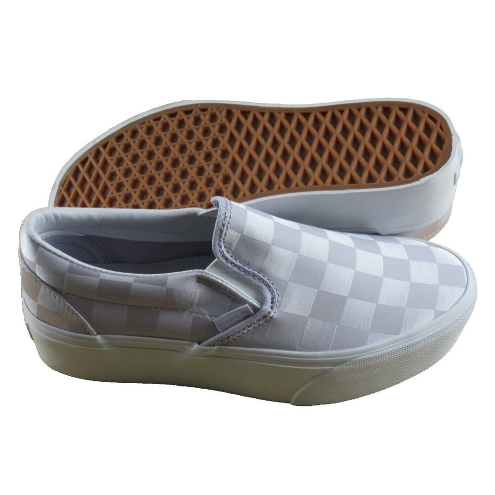 Vans Women's Classic Slip On Stackform Satin Check Lilac Platform Shoes Sizes - Picture 2 of 7
